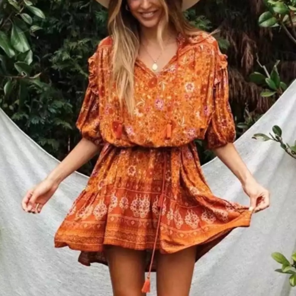 Rust Floral Boho Ruffle 3/4 Sleeve Mini Dress - Picture 3 of 9